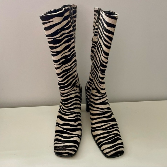 Y2K Vintage Square Toe Zebra Print Leather Boots Heels Size 6.5 Bruno Valenti - Picture 2 of 9